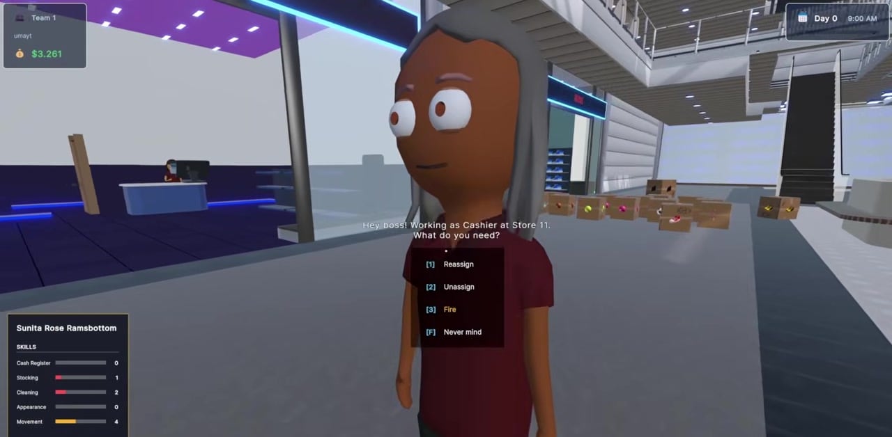 Mall Rivals cashier employee in a mall corridor with skill panel and stacked delivery boxes