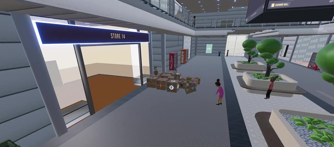 Mall Rivals corridor outside Store 14 with stacked delivery crates, planters, and upstairs walkways